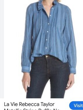 Rebecca Taylor Light Blue Striped Ruffle-Neck Button Down Shirt